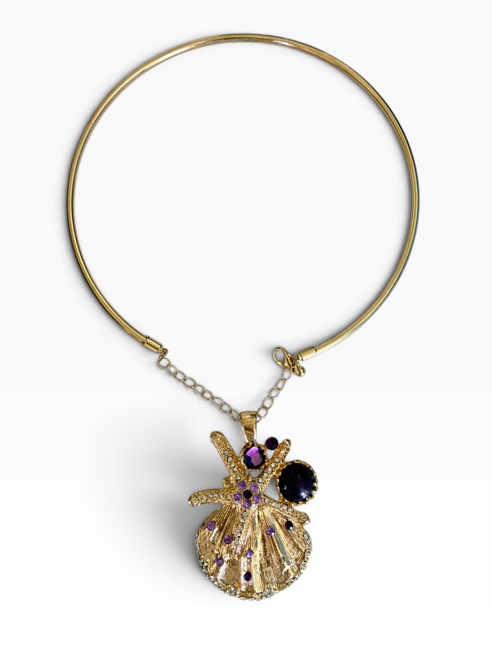 Gold Tone Seashell Pendant Necklace with Purple Crystals